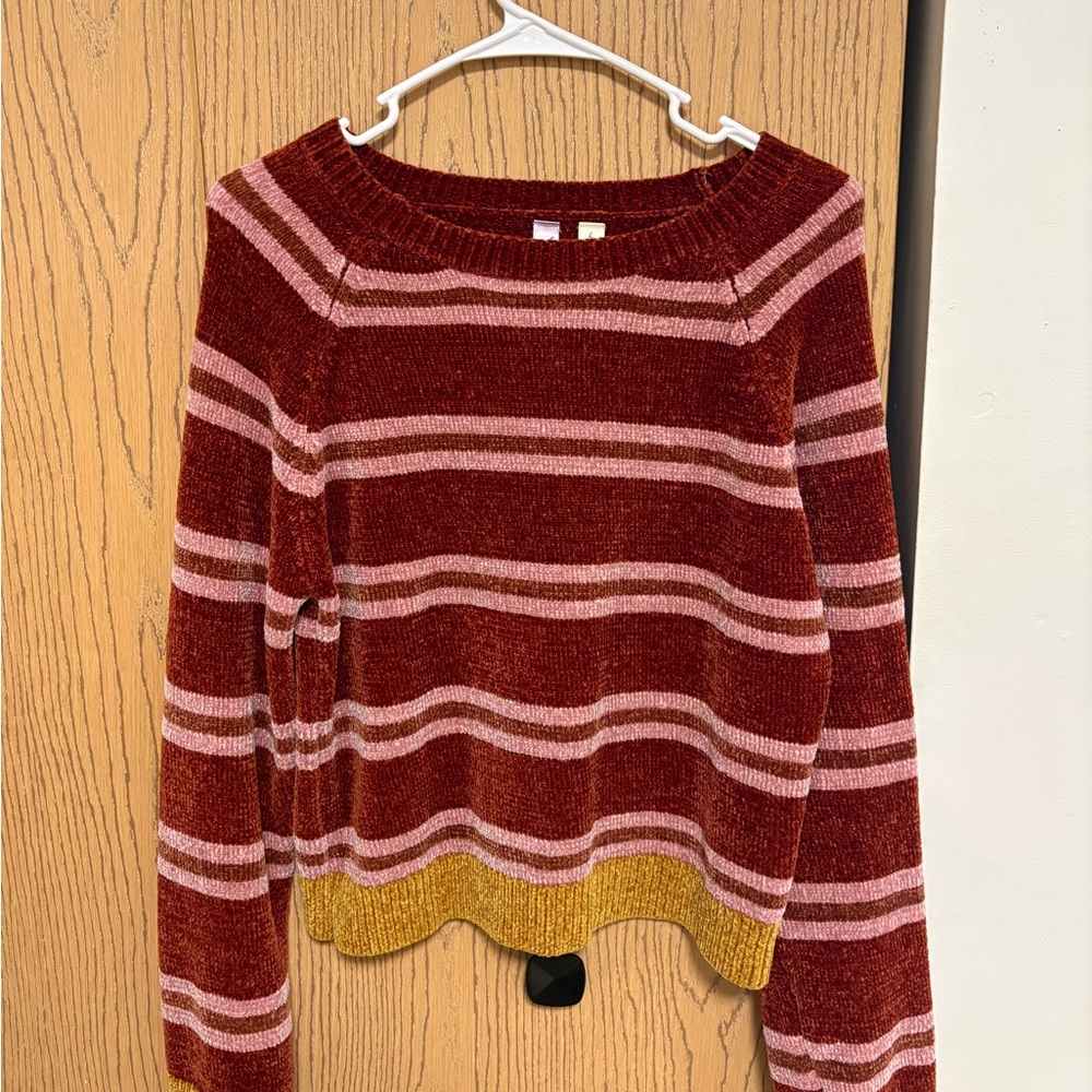 Francesca's Striped Crewneck Sweater in Burgundy, Pink & Mustard